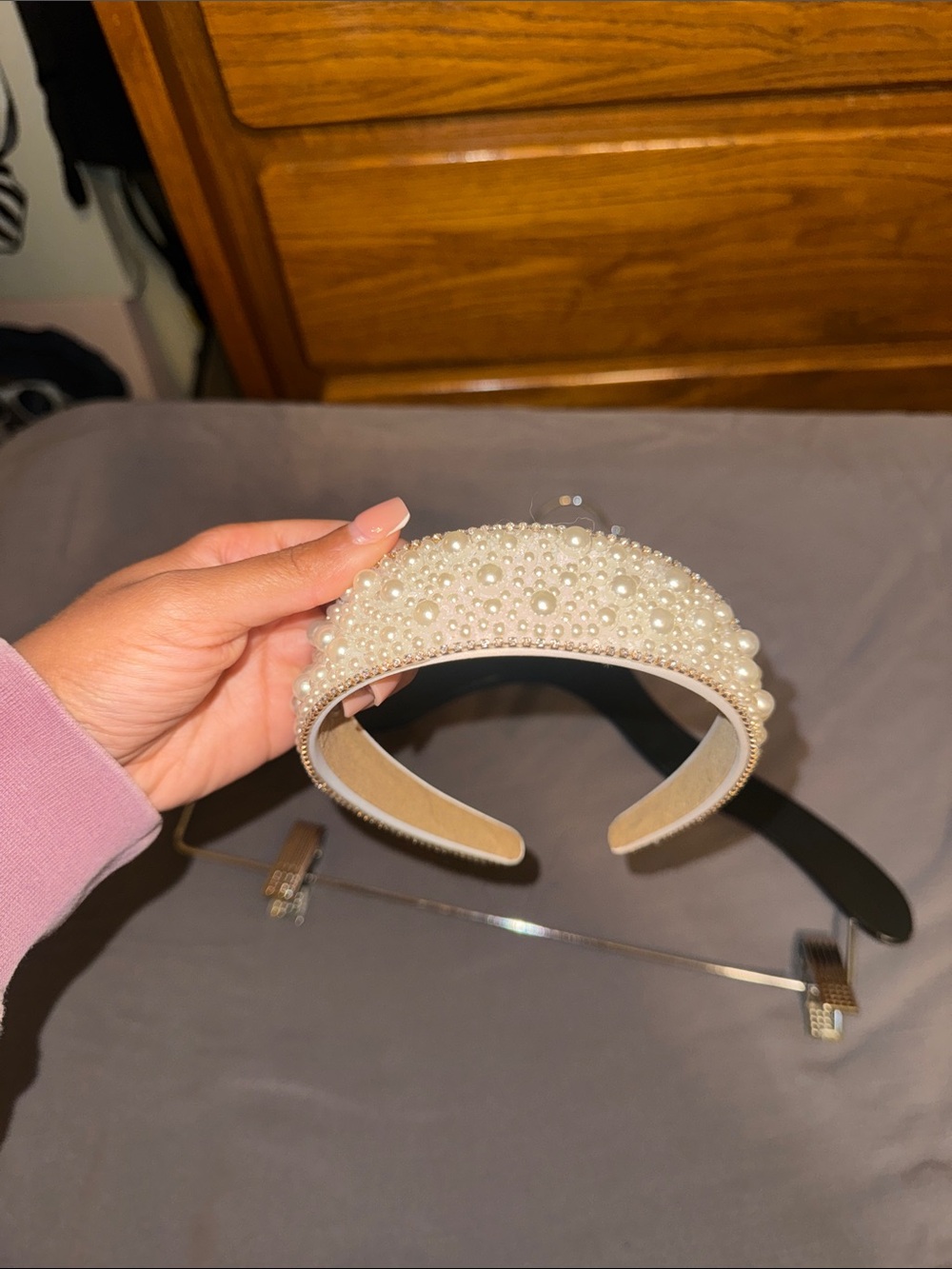 Pearl-Embellished Padded Headband - Cream